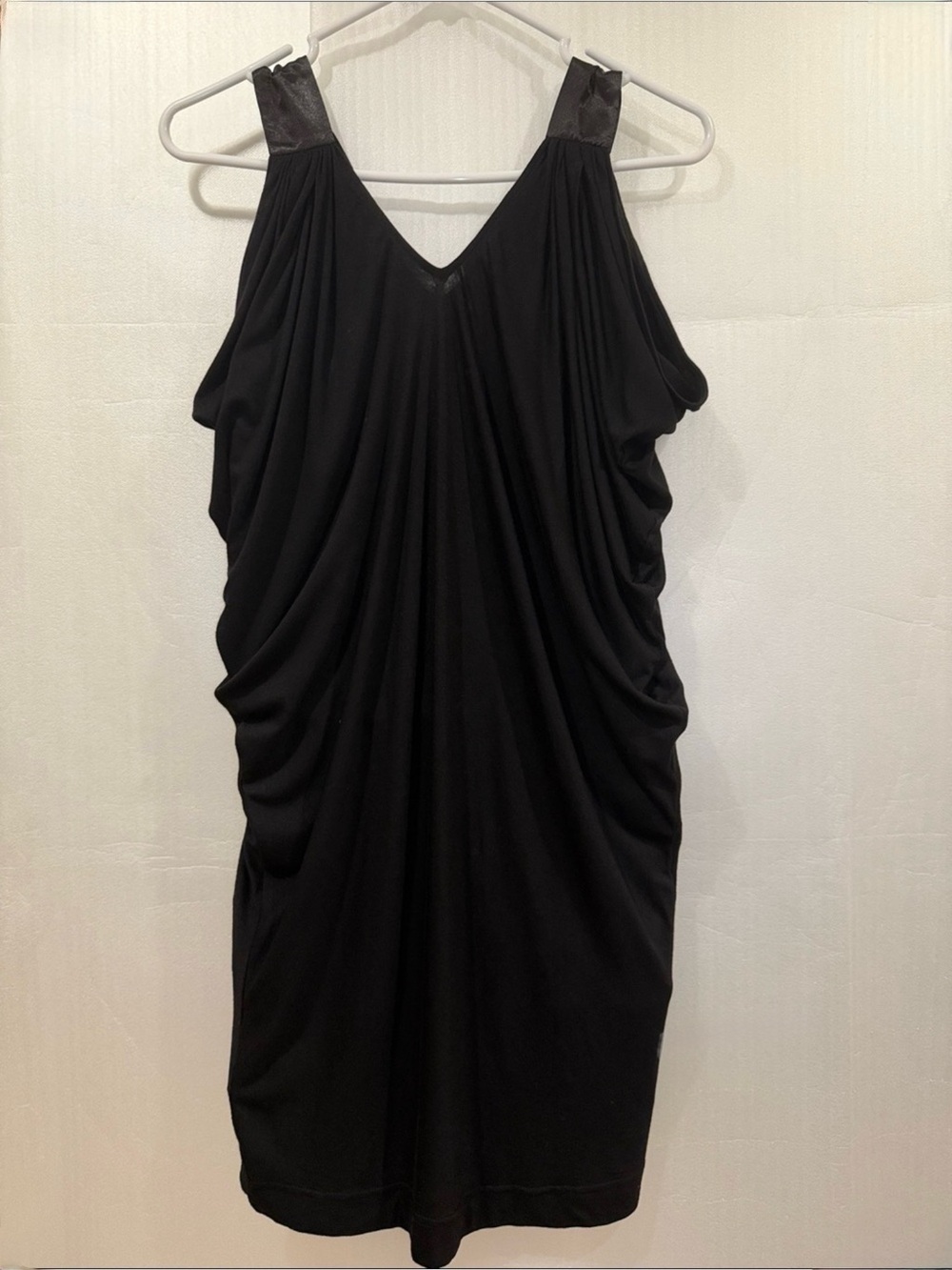 Sleek Black Draped Ruched Knit Mini Dress with Wide Straps